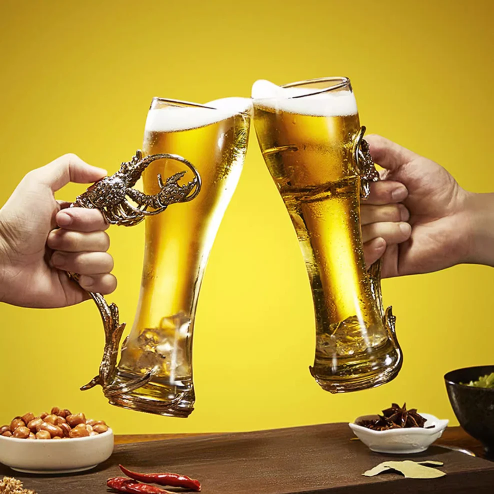 Creative crayfish beer-glass, Large capacity glass beer tumbler for home bar, Fashionable beer-mug gift box Packaging, 420ml