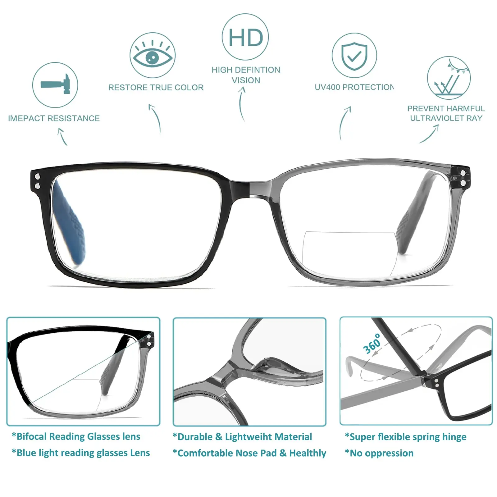 AABV 360 Degrees Rotary Leg Square Blue Light Bifocal Reading Glasses Men Women Computer Presbyopic Magnifying Readers 6012