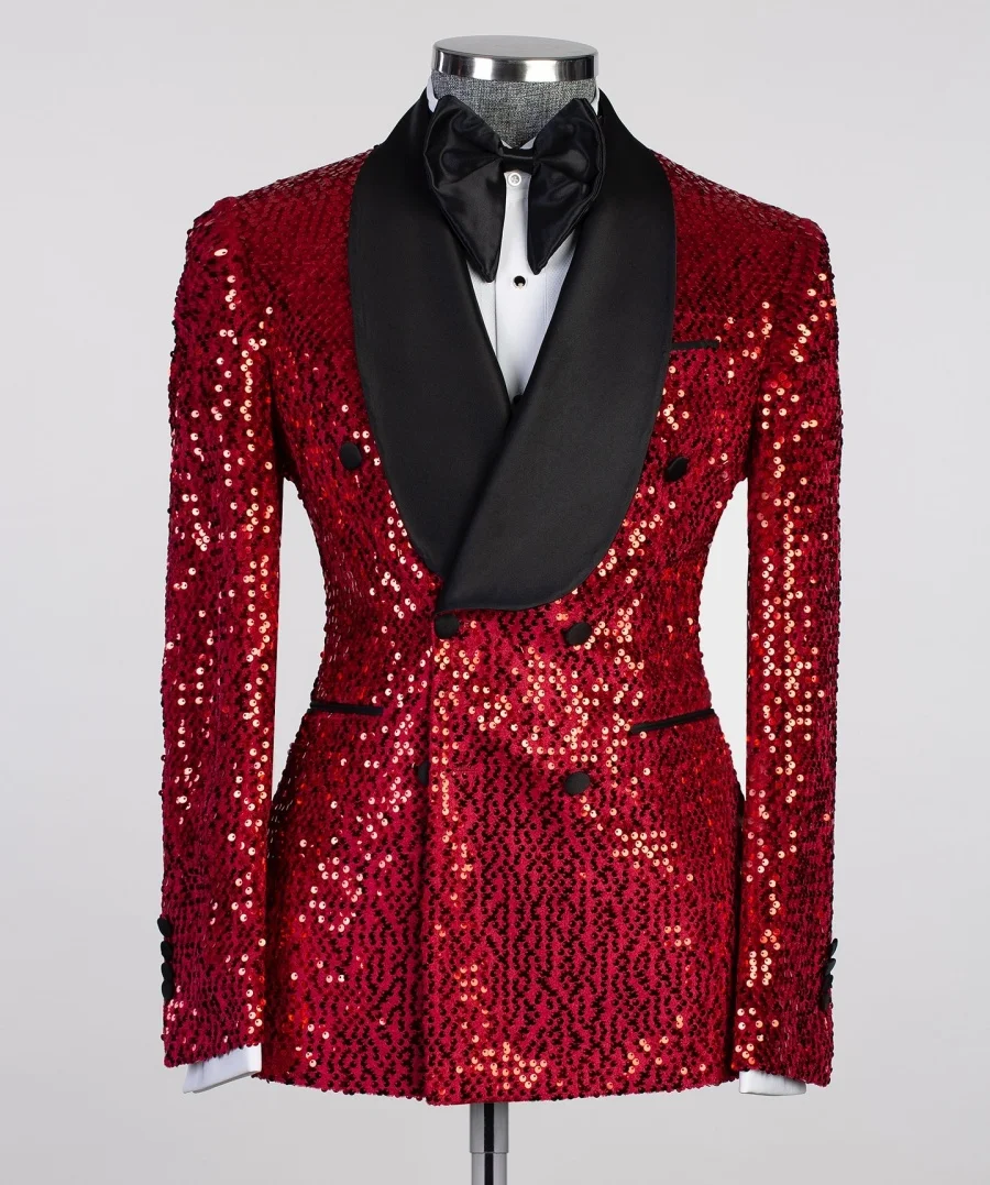 Black Satin Lapel Glitter Men's Blazer Formal Party Men Jacket Double Breasted Tuxedo for Man