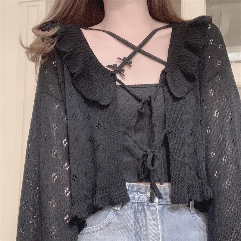 

Hollow Black Knit Sweater Women Autumn Vintage Cardigan Bandage Knitwear Kawaii Korean Fashion Pink Crop Tops Kimono Cardigans
