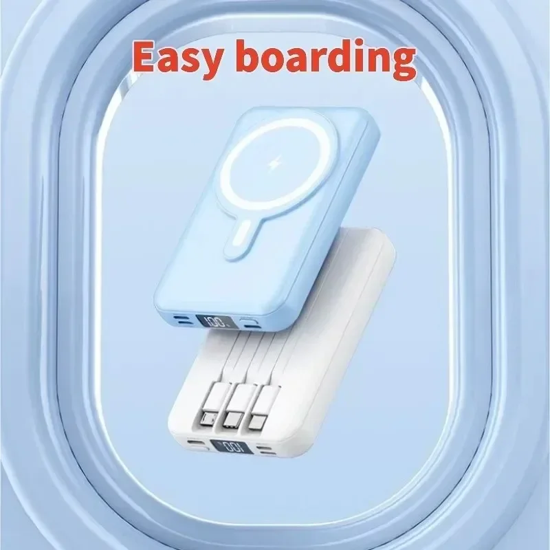 Ultra thin fast charging portable mobile power magnetic wireless power bank, built-in cable, high capacity 50000mAh