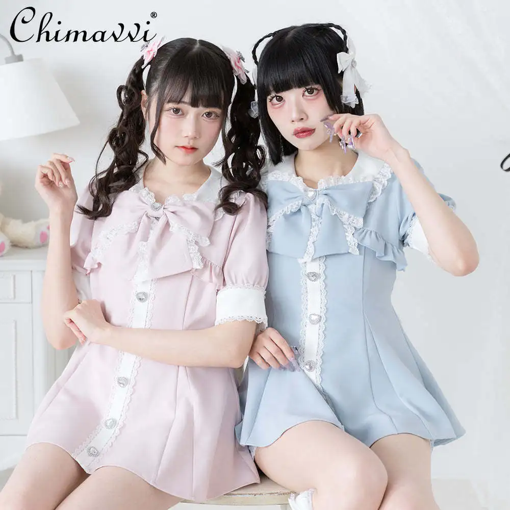 Japanese Lolita Sweet Top and Shorts Suit Summer New Slim Waist Big Bow Lace Edge Short Sleeve Shirt Dress Shorts Girl's Outfits