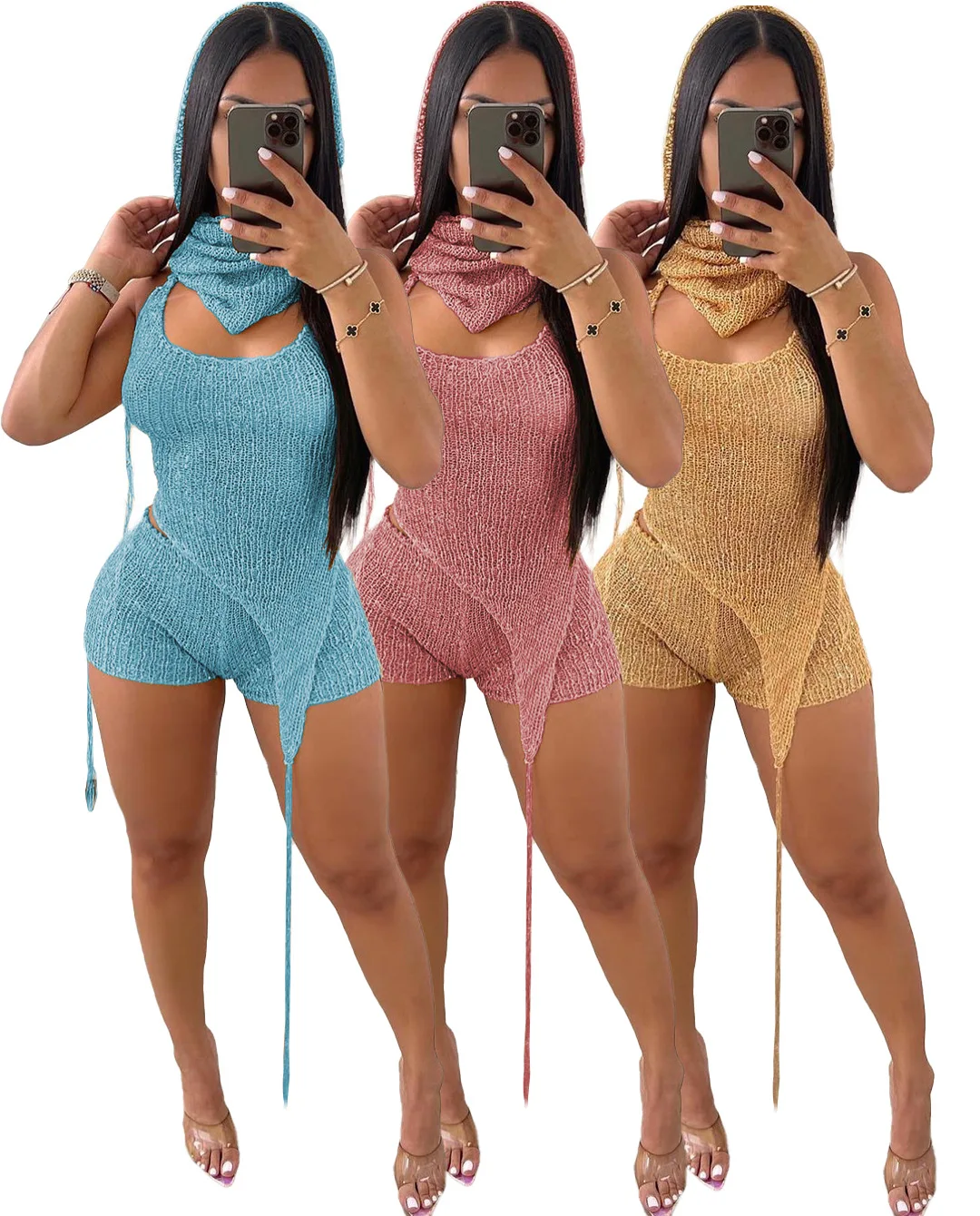 

Fashion ethnic style African descent sexy body shaping hooded hollowed sequins cool breathable two-piece suit bottoming basics