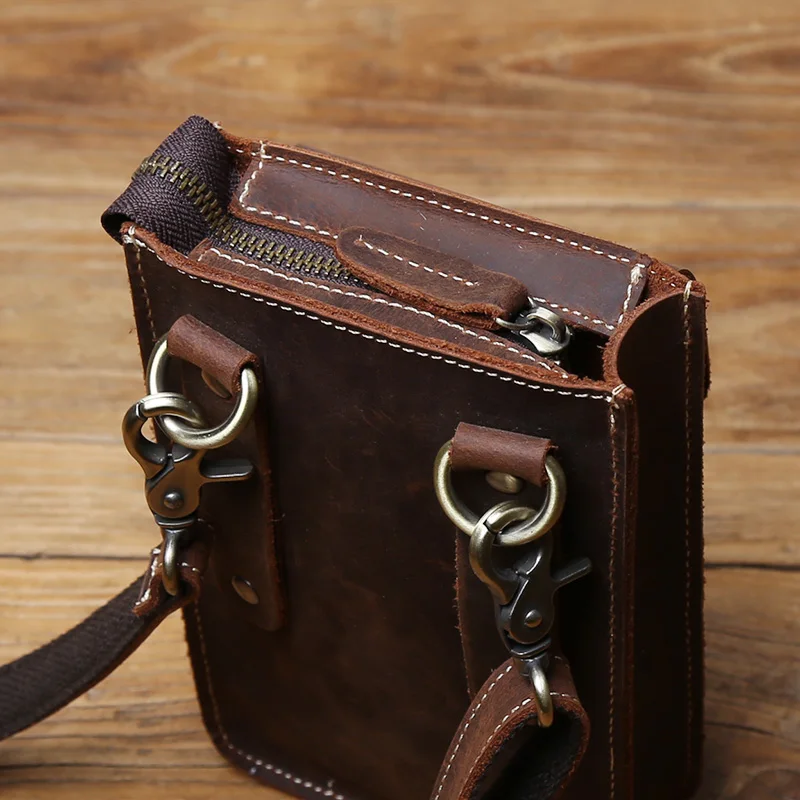 NZPJ Genuine Leather Men's Waist Bag Retro Top Layer Cowhide Single Shoulder Bag Crazy Horse Leather Mobile Phone Bag Satchel