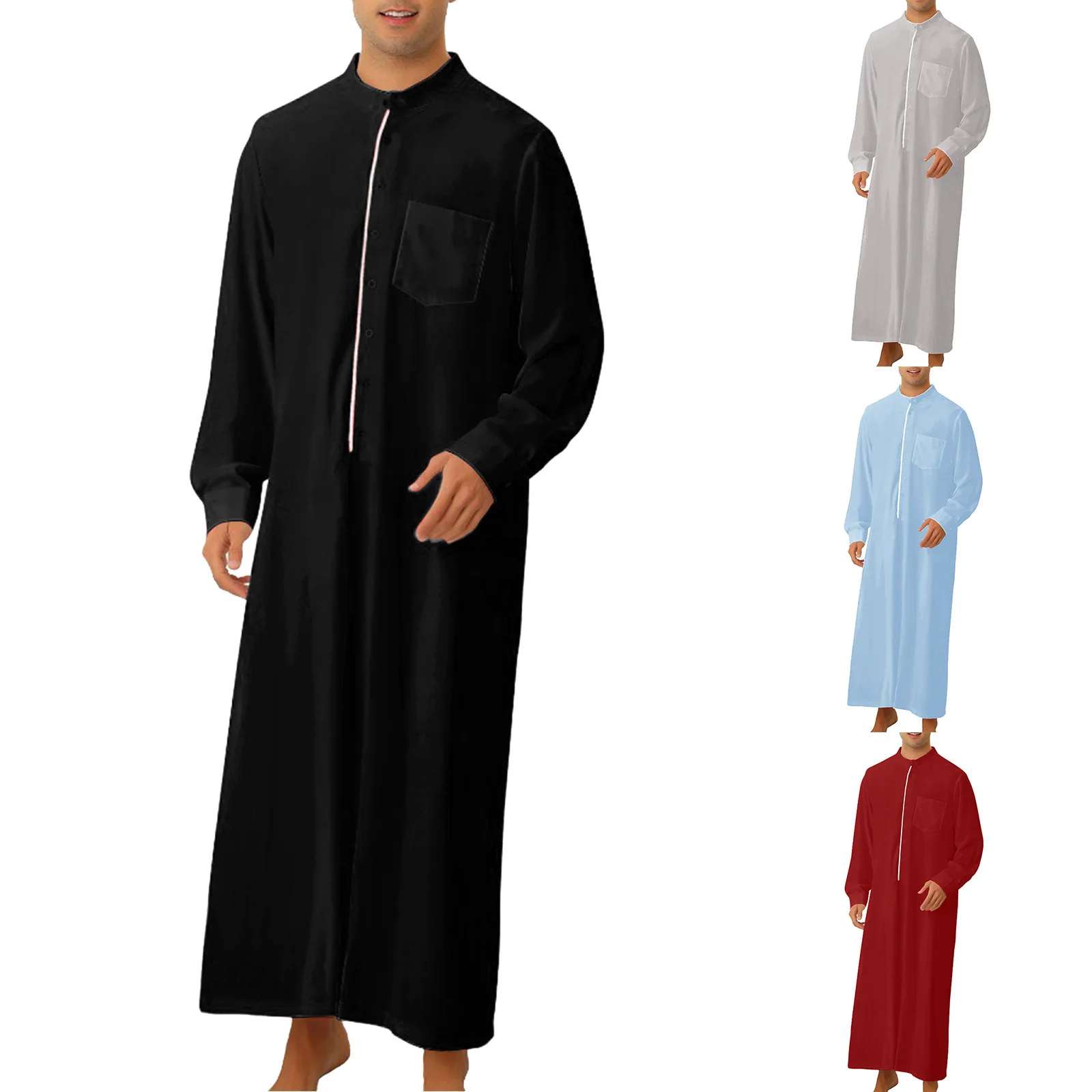 

Islam Muslim Arabic Djellaba Galabia Thobes Men Abaya Print Qamis Kameez V-Neck Colored Blocked Long Sleeves Saudi Clothing