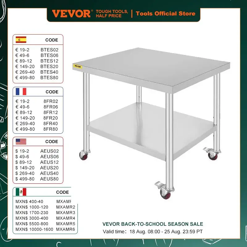 VEVOR Stainless Steel Kitchen Prep Table With 4 Caster Wheels & Backsplash Loads Up to 100KG-300KG for Home Storage Rack Dining