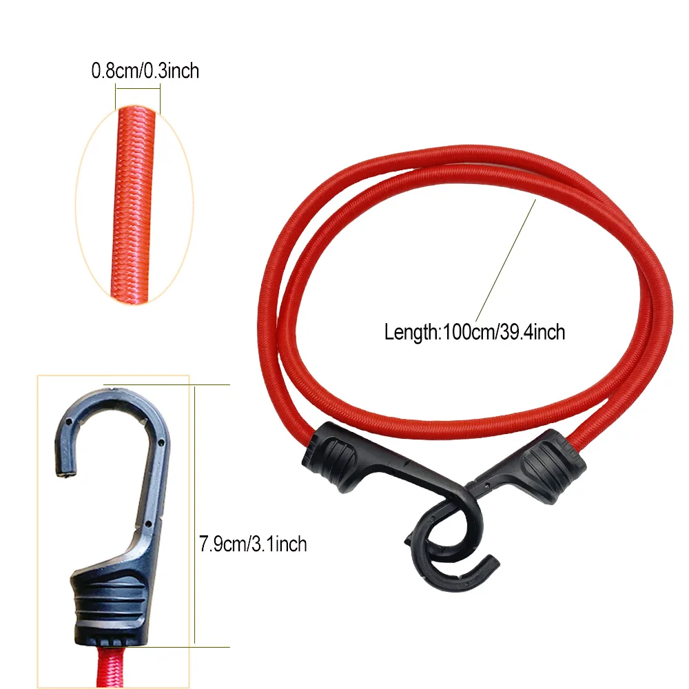 Description Picture 3 of item2/4Pcs 39.3Inch Red Elastic Bungee Cords Plastic Coated Metal Hooks Bungee Straps Heavy Duty Bungee Ropes for Bike Tents Camping