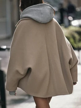 Women s Winter Oversized Wool Jacket with Batwing Sleeves and Lapel Collar Button Closure Solid Color Loose Fit Coat for Cold 3