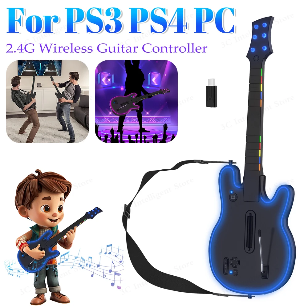 2.4G Wireless Guitar Controller with Strap & Wireless Dongle for PS4/3 PC Guitar Hero Clone Hero Rock Band