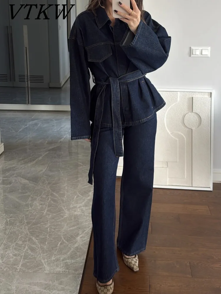 VTKW High-quality Denim Design 2025 Spring New Collection Women Blazer With Adjustable Waist And Loose Wide Pants Two-piece Set