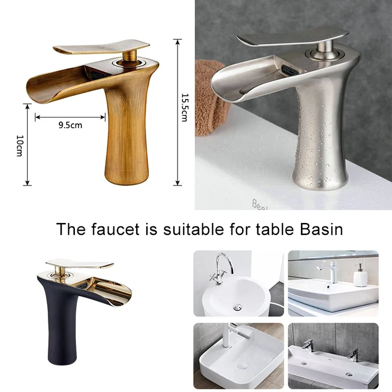 Waterfall Bathroom Basin Sink Faucets Hot Cold Tap Deck Mounted Water Mixer Crane Antique Bronze Chrome Finished ELM100 2