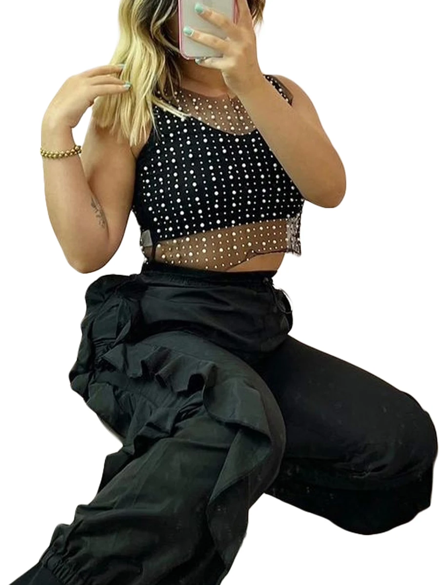 Ladies Sleeveless Crop Top Round Neck Lace Embellished Transparent Casual Party Wear Short Blouse for Summer Street Style