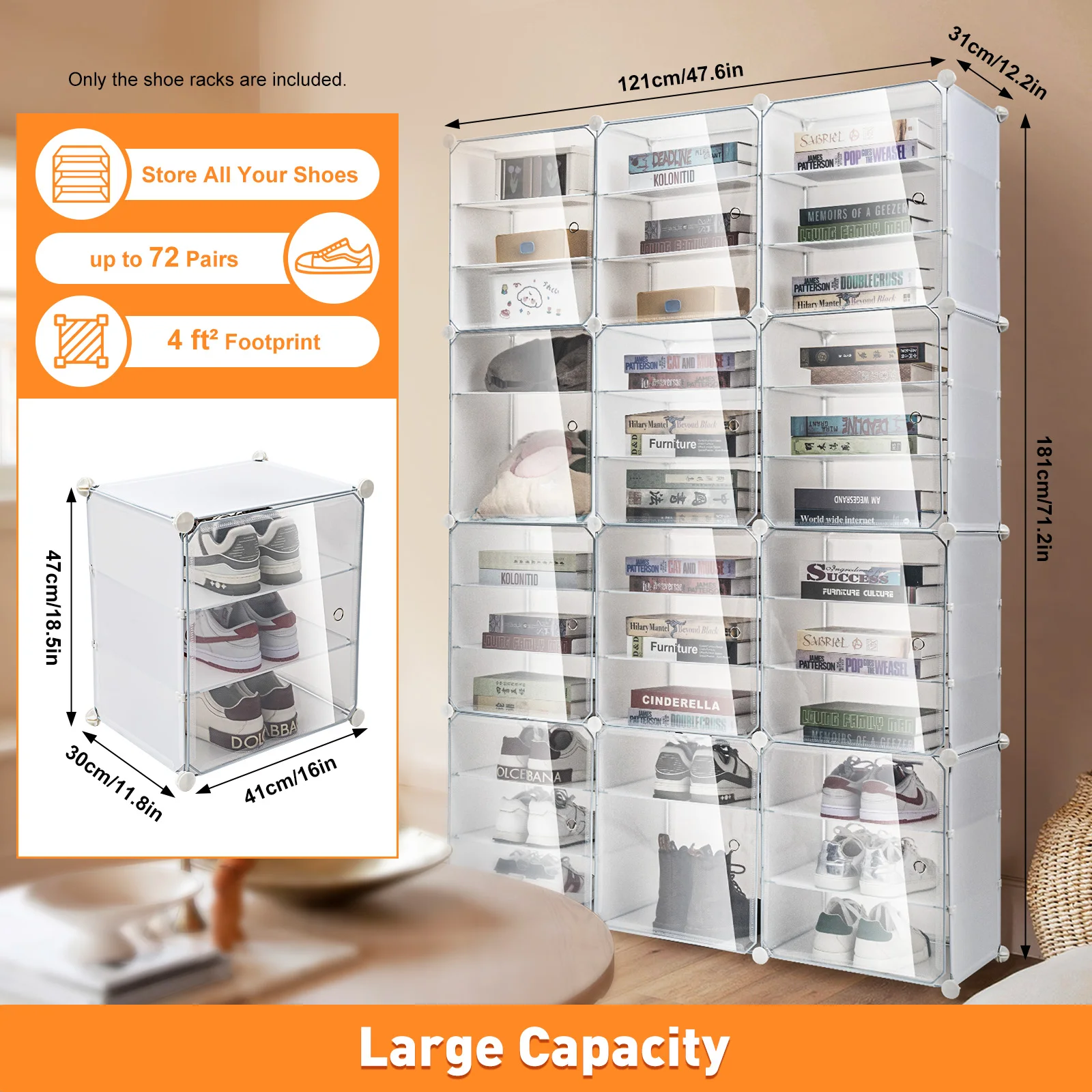 

Free Standing White PP Storage Organizer Shoe Rack Clear Unit Cube Cabinet 12Tier Shelf Stackable DIY