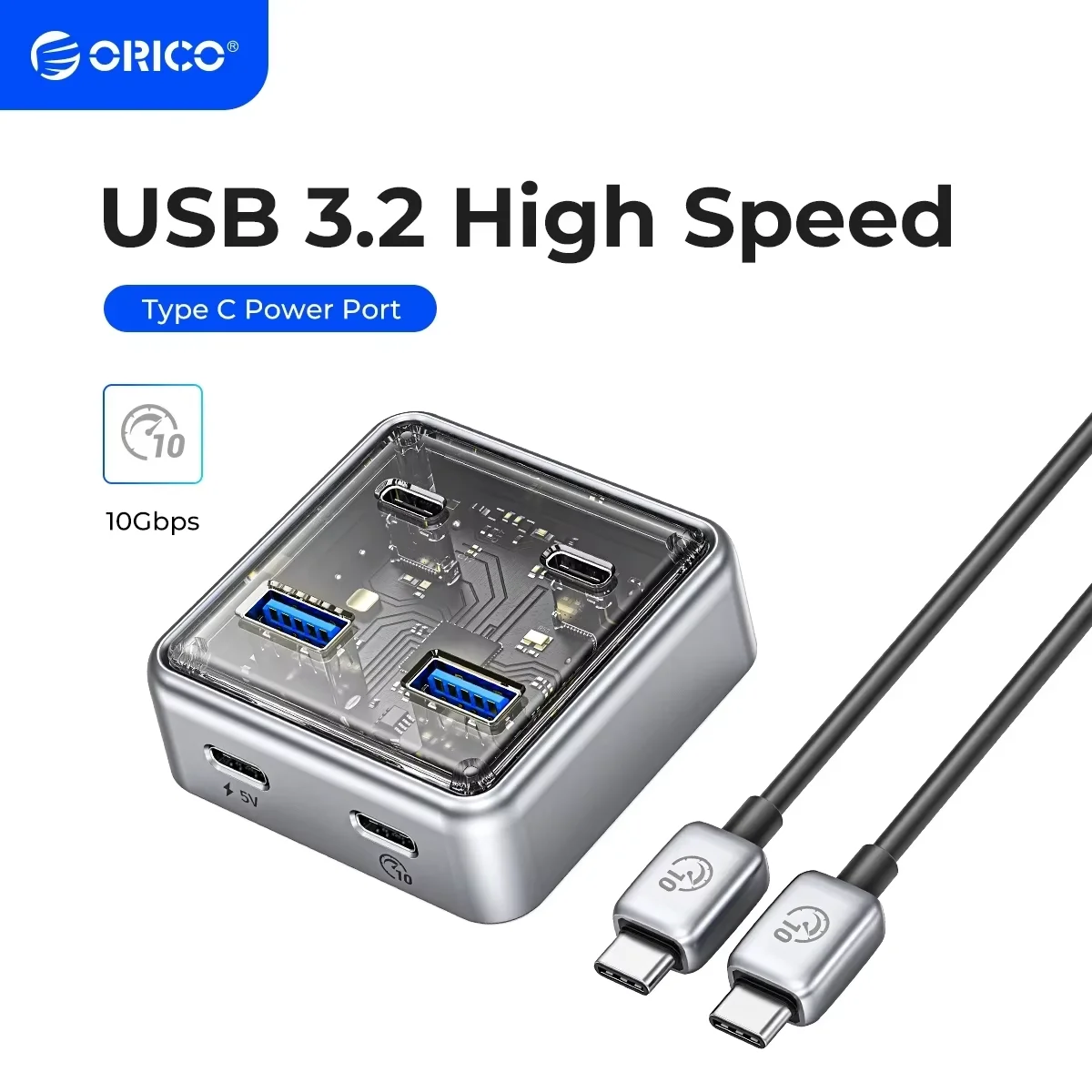 موزع USB3.2 من ORICO مصنوع من المعدن بسرعة 10 جيجابت في الثانية مع منفذين USB A ومنفذين USB C لجميع أجهزة ماك بوك وماك ميني