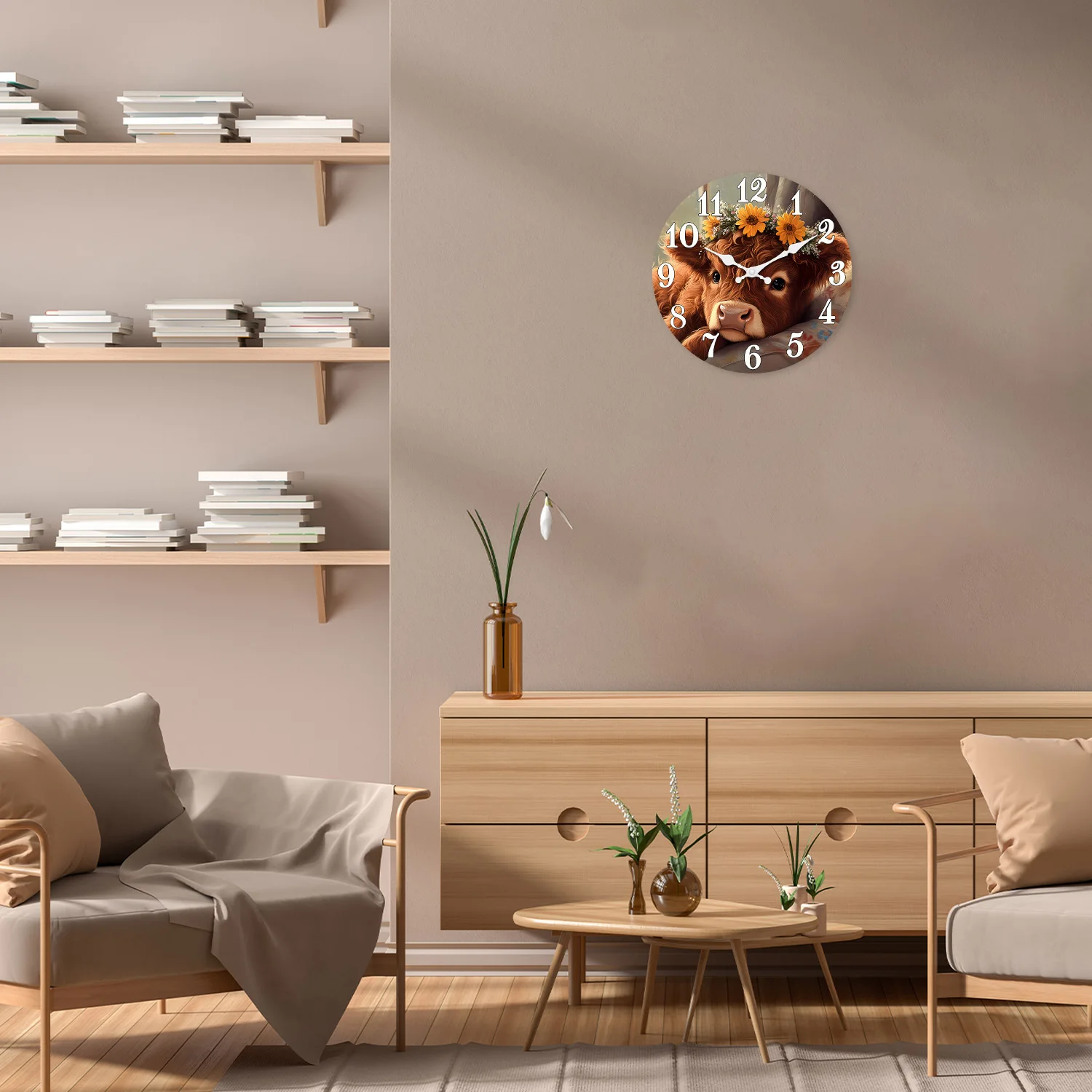 Highland Cow Sunflower Wooden Wall Clock – Silent Decor 5