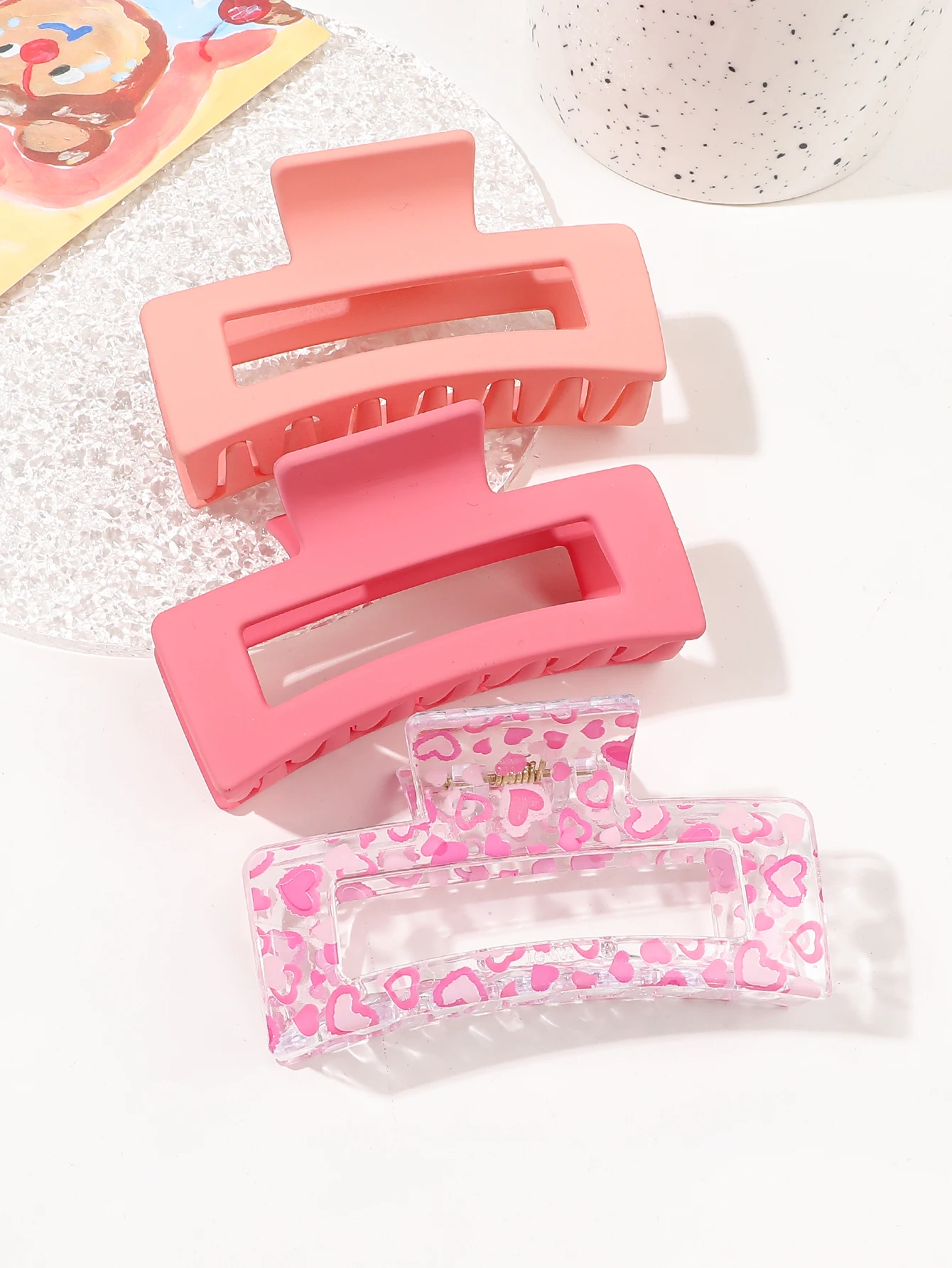 3 Pcs Medium Hair Claw Clips for Women Girls, Pink Strong Hold Matte Square Hair Clips for Thick Thin Hair