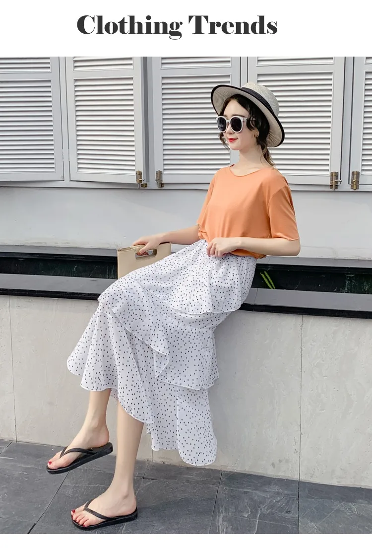 Summer Skirts Womens 2022 New Polka Dots Floral Print Chiffon Pleated Skirt Irregular Cake Skirt Casual Midi Skirt Women Clothes hoop skirt