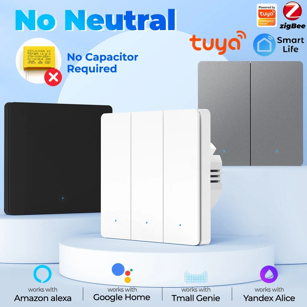 Tuya Zigbee Botão Interruptor de Luz Inteligente sem Fio Neutro sem Capacitor Necessário Parede Interruptor Inteligente Funciona com Alexa Google Home Plug ue
