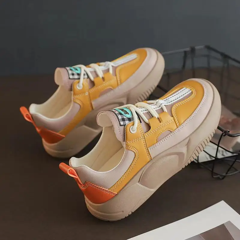 Women's Shoes Thick Sole Sports Shoes Leather Upper Women's Running Shoes Lace Up Lightweight Women's Vulcanized Shoes 2