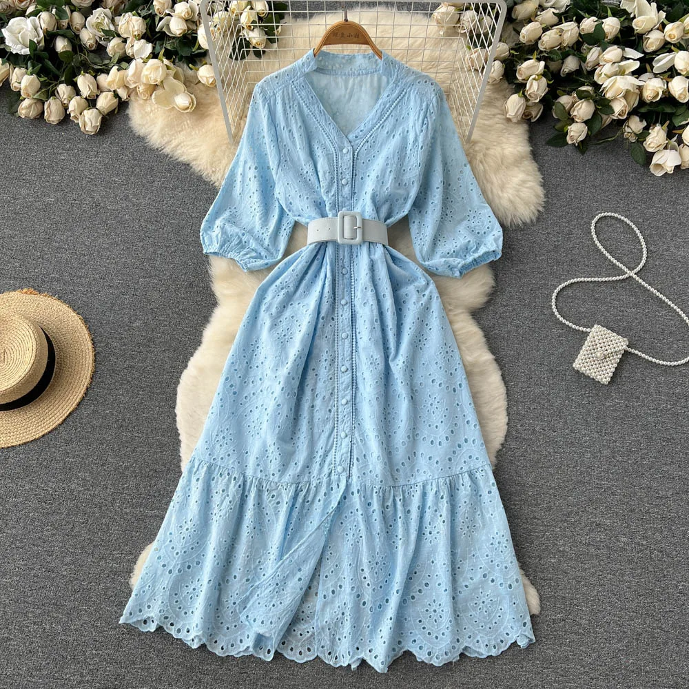 

Gentle wind openwork V-neck puff sleeve dress summer 2023 new fashion temperament waist fairy long skirt