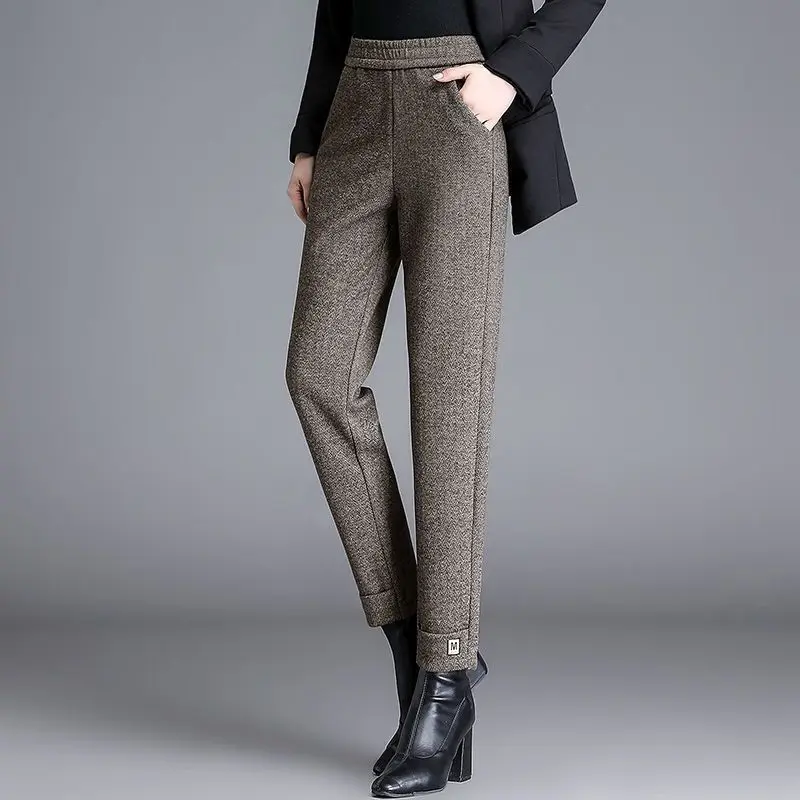2023 Autumn Winter New Women Fashion Elegant High Waist Woolen Harem Pants Office Lady Casual Pockets Trousers Loose Pantalones