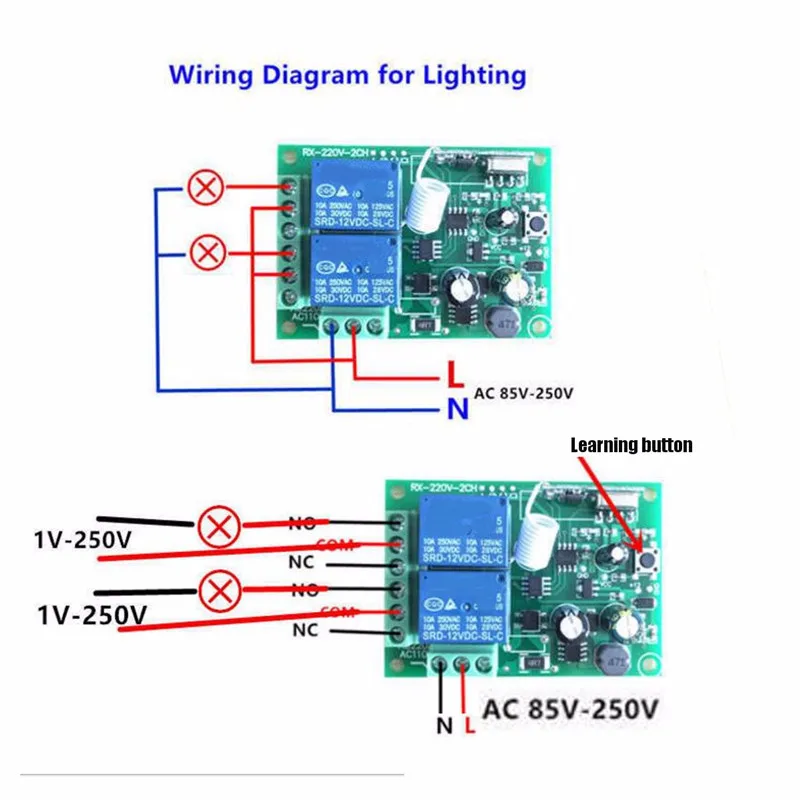 Relé Sem Fio Universal RF Interruptor De Controle Remoto, Módulo Receptor Heterodyne, Smart Home, AC85V-AC220V, 10A, 315 MHz, 433MHz, 2 Canais