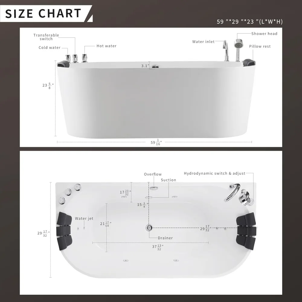 59" Freestanding Whirlpool Bathtub,Acrylic 8 Hydromassage Jets Tub,59" x 30", 560W, Middle Drain, ETL Certified 4