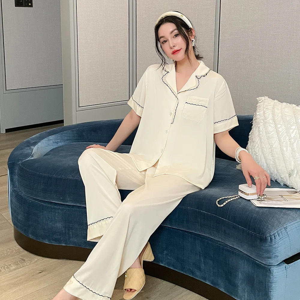 

Пикантная кружевная Пижама, 2 шт., атласная Домашняя одежда, женская одежда для сна, рубашка с коротким рукавом, брюки, комплект ночной одежды