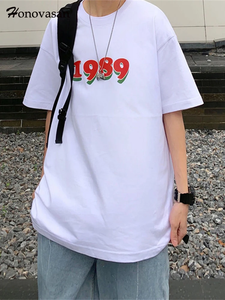 

Простые мужские летние футболки с буквенным принтом Honovasan, мягкие топы с круглым вырезом и коротким рукавом, женские повседневные универсальные футболки большого размера