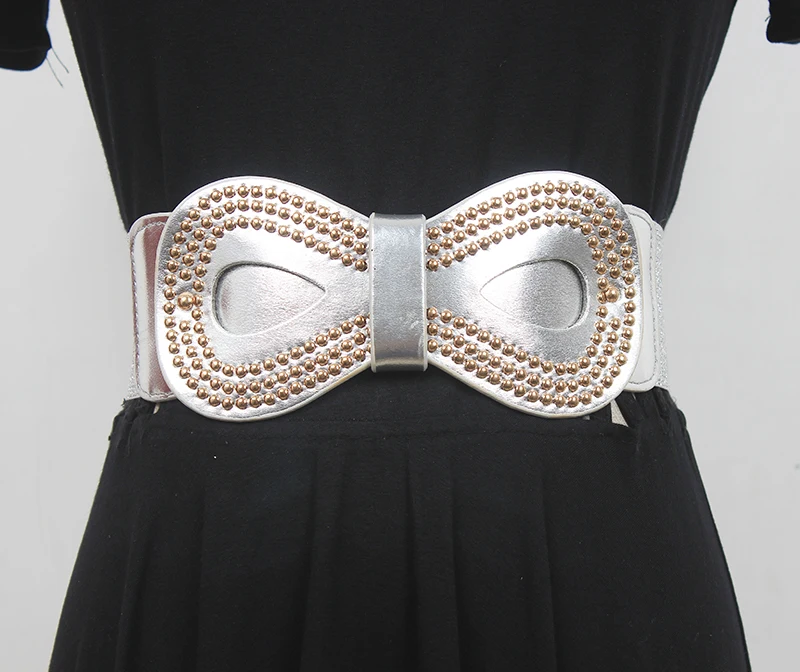 

Women's Runway Fashion Rivet Bow PU Leather Elastic Cummerbunds Female Dress Corsets Waistband Belts Decoration Wide Belt R1194