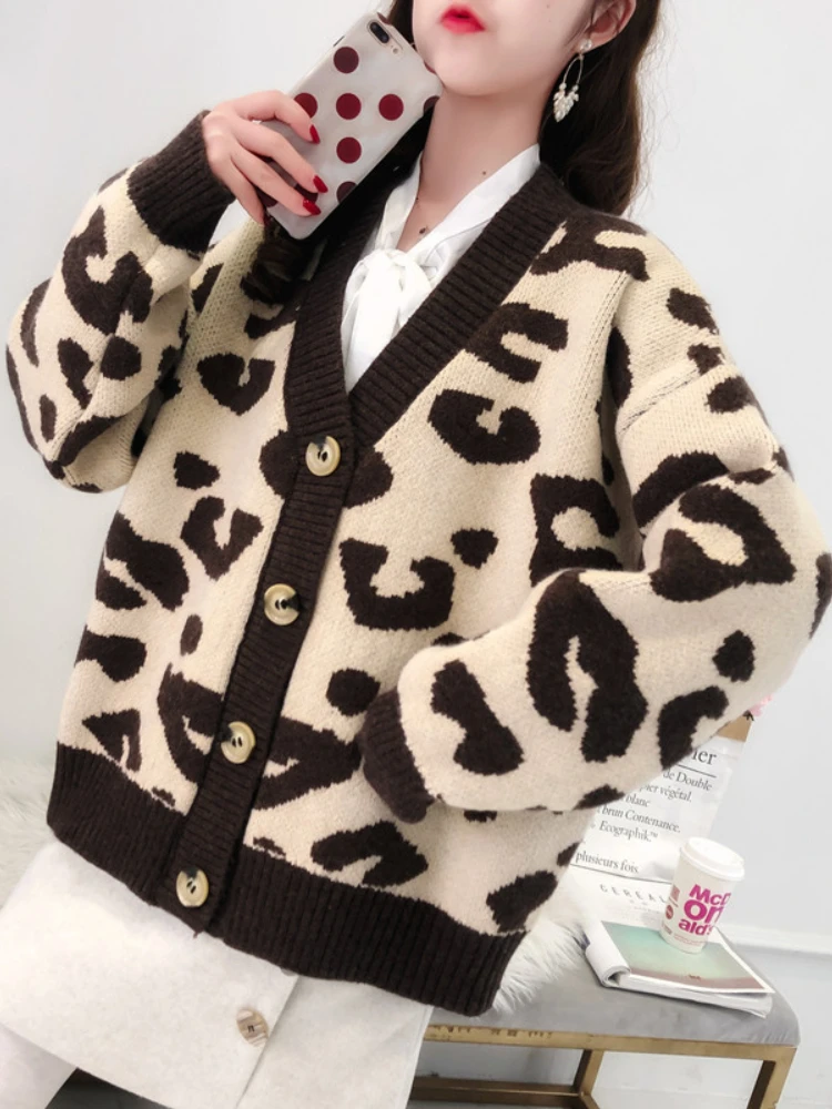Autumn Winter Leopard Print Cardigan Women Knitted Sweater V-neck Female 2022 Loose Button Coat Warm Cardigan for Women Outwear