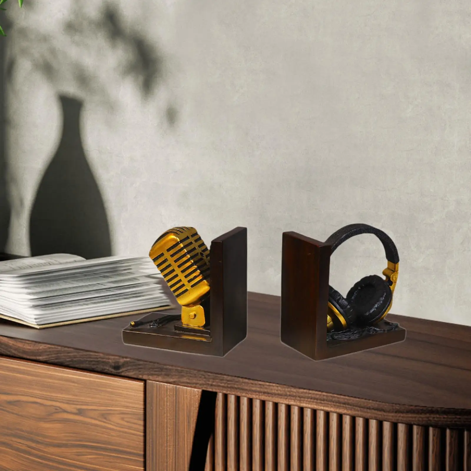 Bookends Microphone Headset Shape European Book Organizer Book Holder for Office Living Room Bookshelf Study Decor