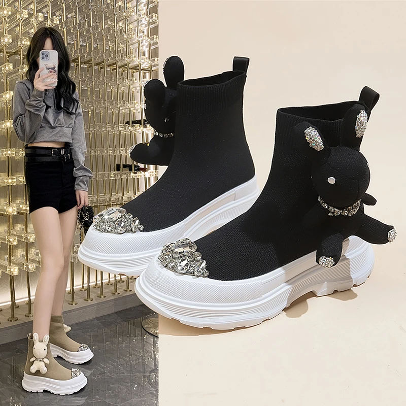 

New Autumn Women Sock Boots Female Thick Bottom Knitted Short Boot Ladies Slip On Stretch Breathable Fashion Paltform Shoes