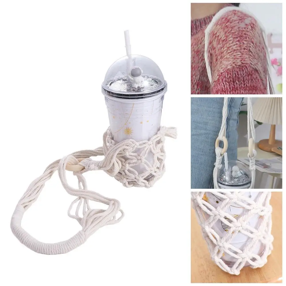 보헤미안 스타일 걸이형 병망 가방, 손으로 짠 속이 빈 커피잔 홀더, 휴대하기 ..