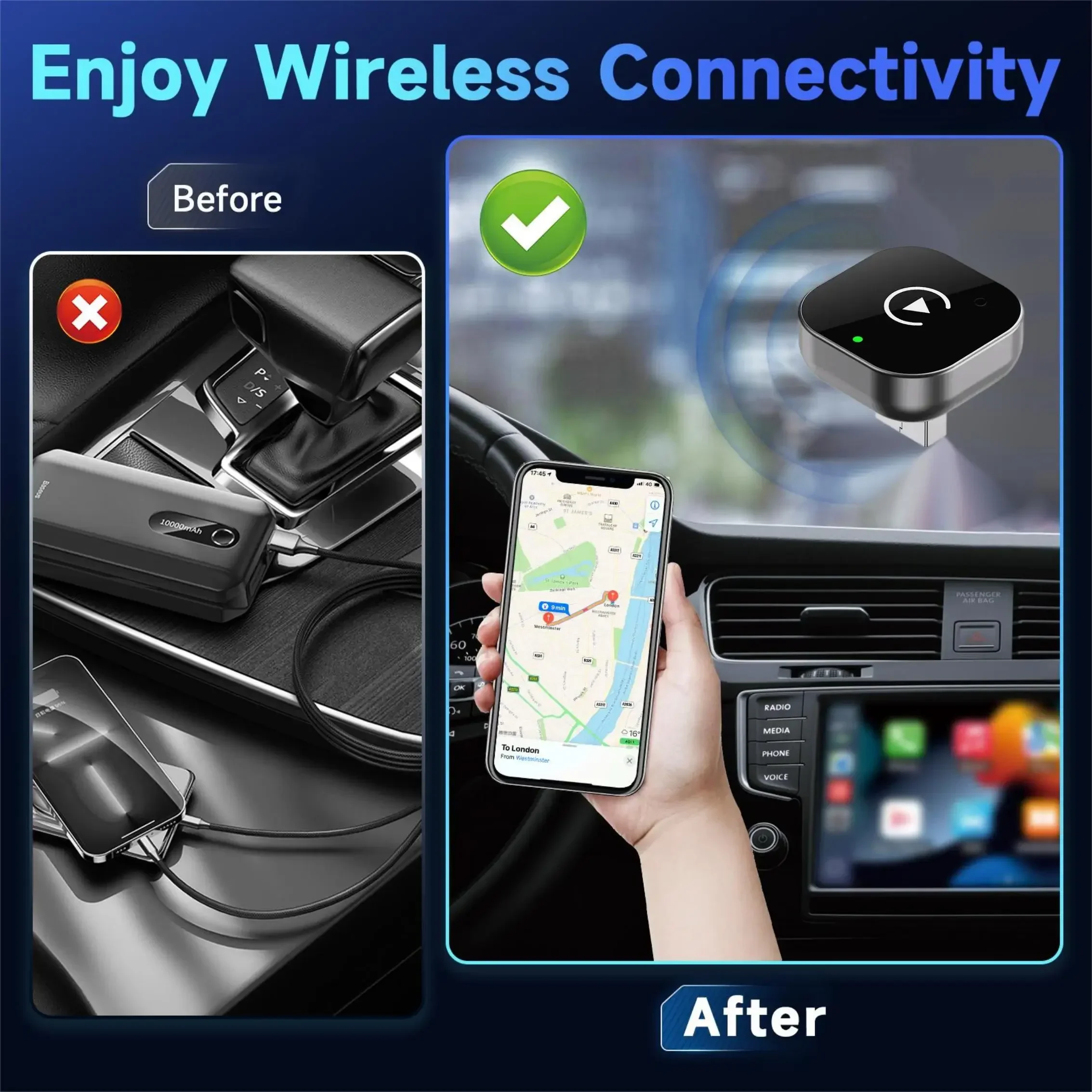 Adaptador CarPlay/Android Auto 2026, de Cable a Inalámbrico, para Apple y Android, Plug and Play, Accesorio Universal para Auto, Último Modelo 5