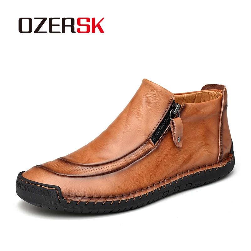 

OZERSK Brand Men Boots Big Size 38-48 Autumn Winter Mens pu Leather Fashion Sneakers Lace Up Outdoor Fur Plus Men Shoes