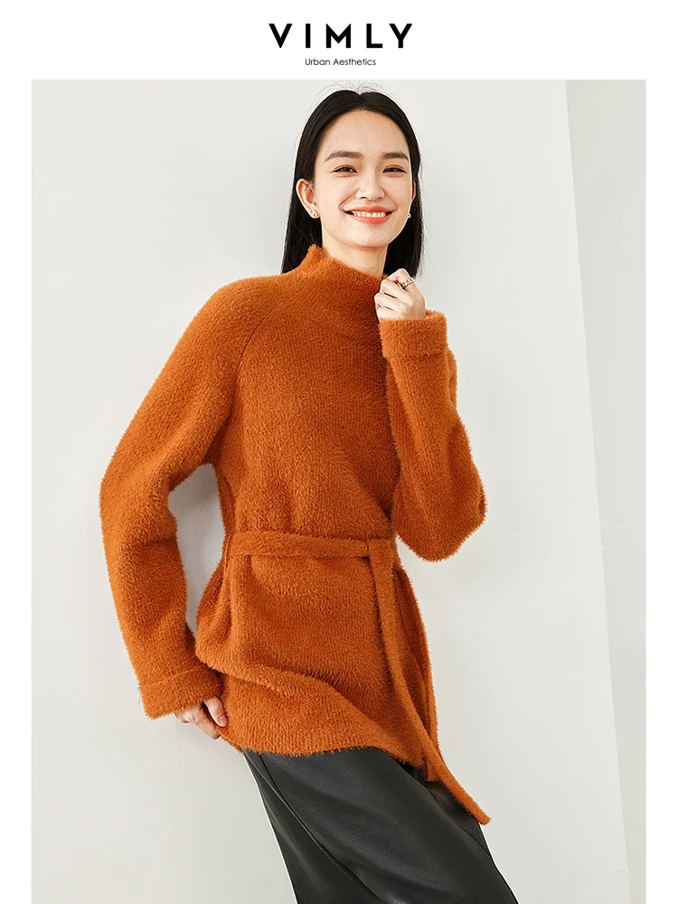 

Vimly Orange Turtleneck Sweater Women 2023 Winter Pullovers Thick Warm High Strecth Knitted Tops Belted Jumpers Knitwear 72660