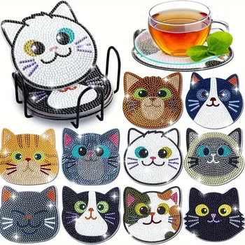 Ensemble de sous-verres pour peinture diamant, 10 pièces, sous-verres ronds à motif de chat de dessin animé, DIY bricolage, 10x1 0cm/3.93x3.93 pouces 1