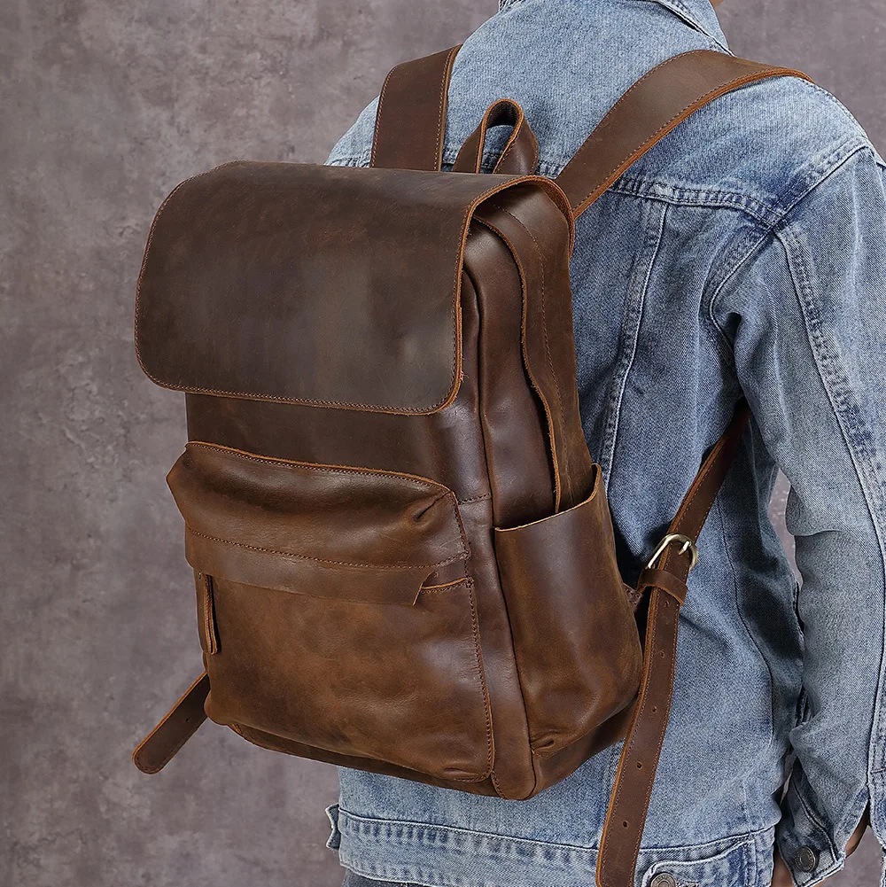 Vintage Crazy Horse Leather Backpack for Men, Large Capacity Laptop Bag