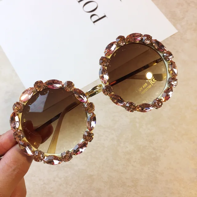 Lunettes de soleil rondes en cristal de diamant pour femmes, lunettes de marque de luxe, lunettes de vue pour femmes, grandes montures, lunettes vintage UV400 1