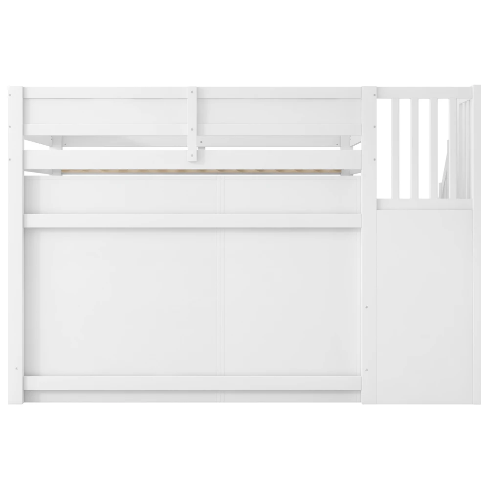 90x200cm Kinderzimmer-Hochbett mit Schreibtisch, Regal und Kleiderschrank, modernes Kinderbett mit Stauraumtreppe und LED-Leuchten, weißes Etagenbett – Detail 12