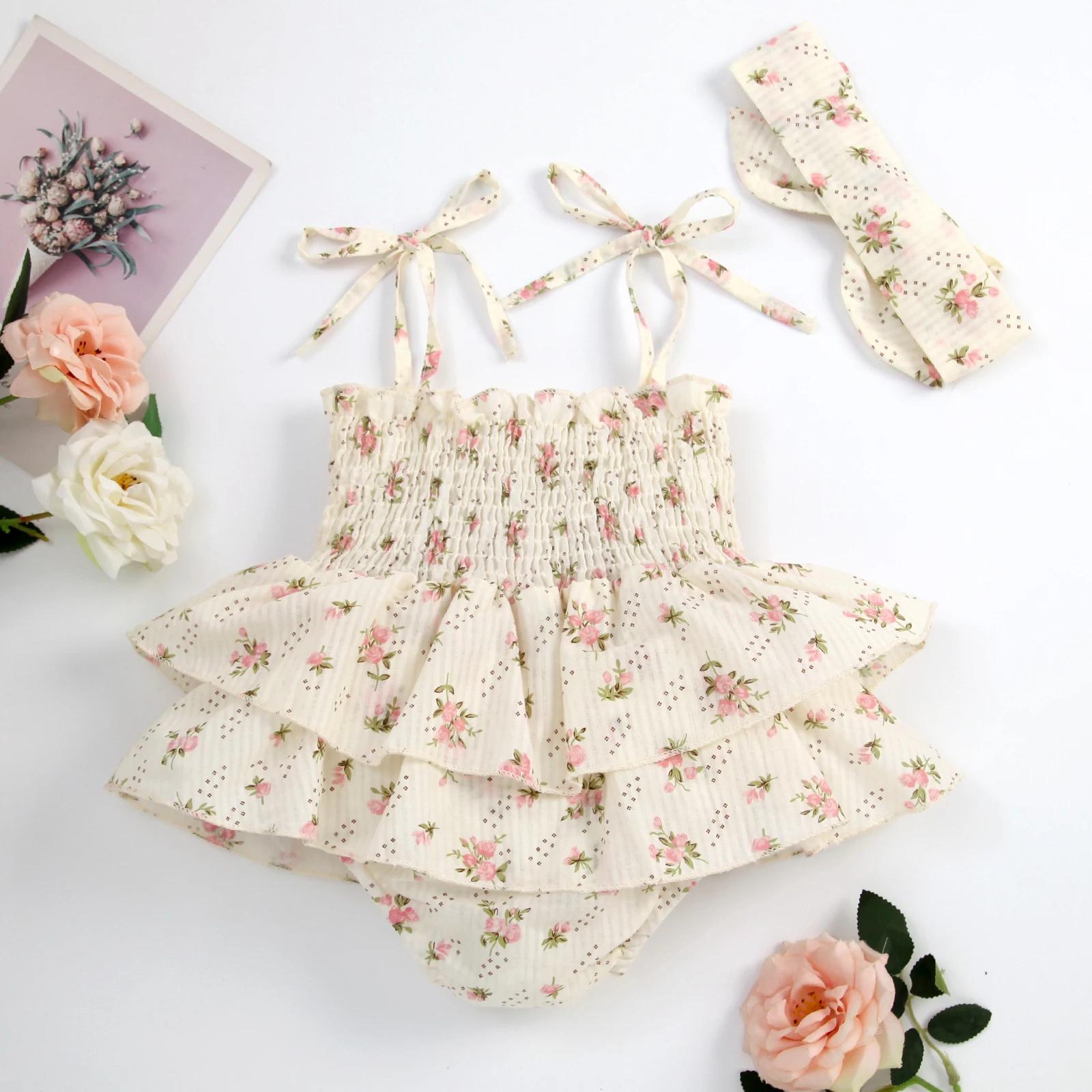 Infant Baby Girl Summer Jumpsuit Set Floral Elasticated Bust Sleeveless Strap Ruffled Romper with Bow Headband Outfit 2