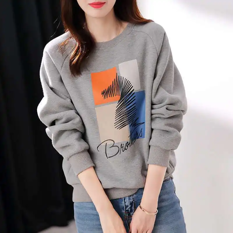 2024 Spring and Autumn New Velvet Thickened Pullover Women Loose Korean Edition Versatile Printed Round Neck Fashion Sweatshirt