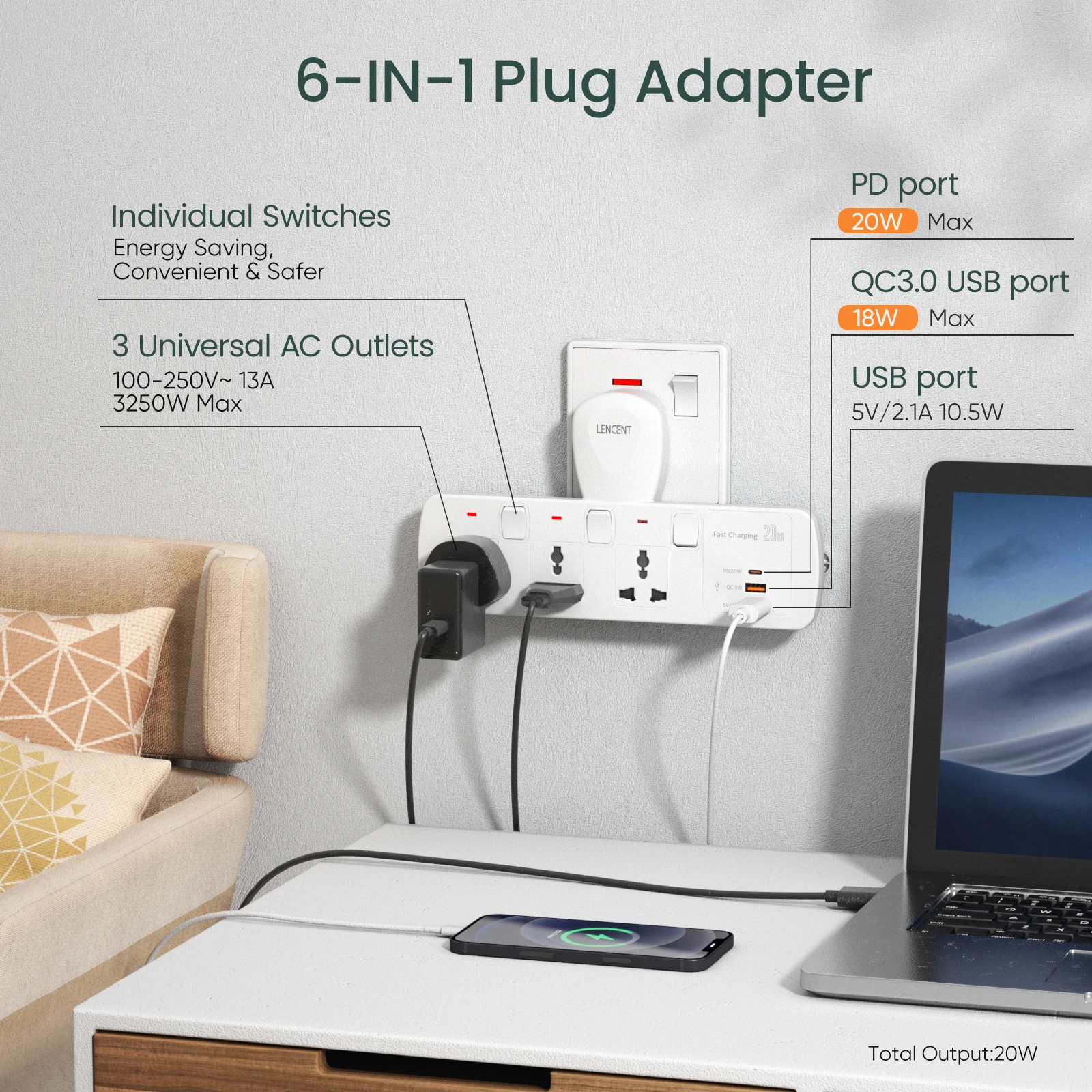 LENCENT Multi Extension Socket 3 AC Outlet QC 3.0 USB Fast Charging PD 20W Type C Plug Adapter Switch For Home Office