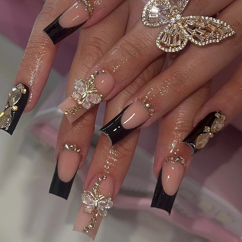 24Pcs Medium Square 3D Alloy Butterfly Nails