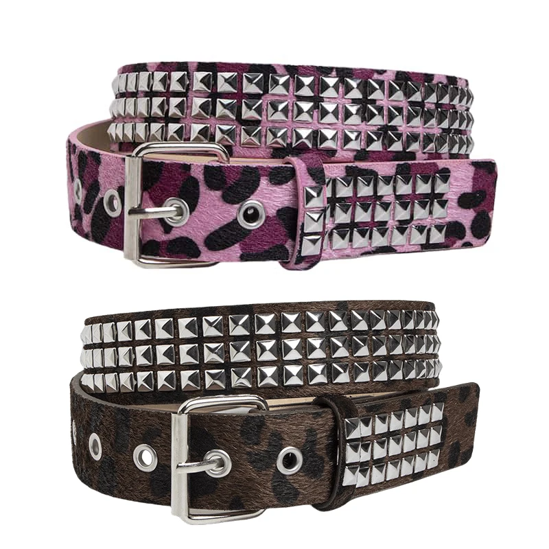 Edgy Pink Fur Rivet Belt with Brown Pin Buckle