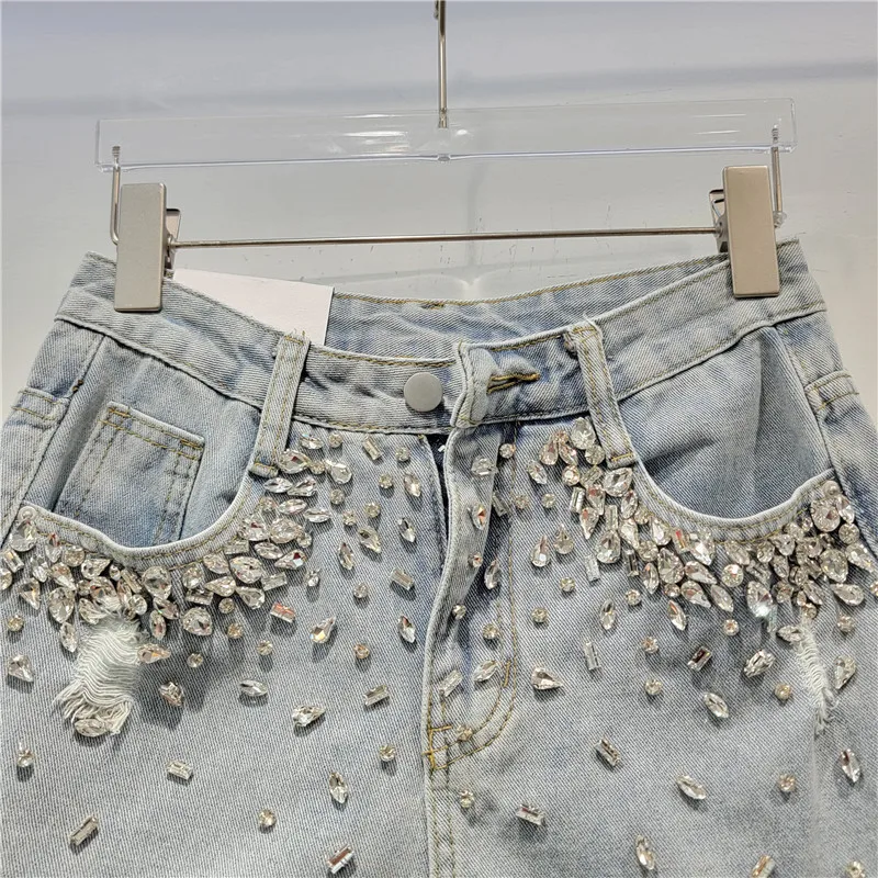 New Hole Denim Shorts Female 2024 Summer High Waist Slim Fit Heavy Industry Diamond-encrusted Burr Wide-leg Jeans Hot Trousers