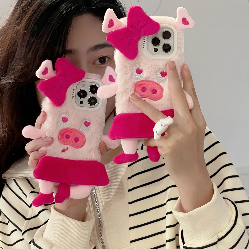 

Cute 3D Ballet Piggy Plush Phone Case for IPhone 15 14 13 12 11 Pro Max Back Cover