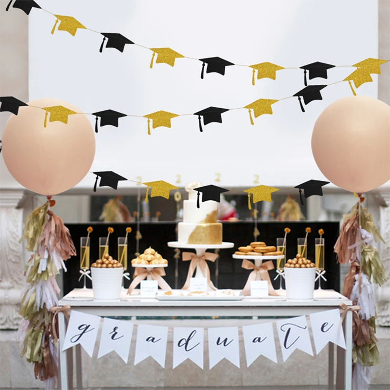 Black Gold Graduation Bachelor Hat Banner Paper Cap Garlands for School Celebrations Graduation Party Hanging Decorations party decorations
