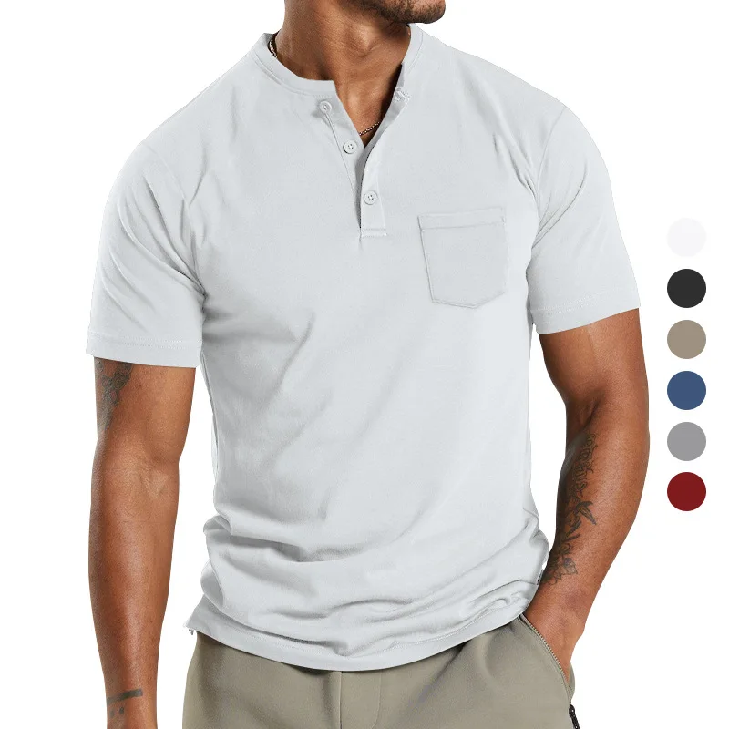 

New 2023 men's business casual solid color pocket polo shirt short sleeve plus size T-shirt